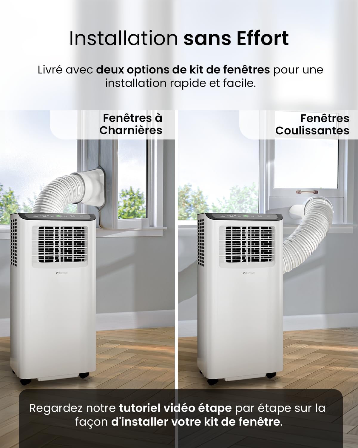 Climatiseur Mobile 4-en-1 9000 BTU - Clim Puissante compatible WiFi avec Application- Minuterie 24 heures, Télécommande et Kit Fenêtre inclus pour Chambre, Salon 22m2 [Classe énergétique A]