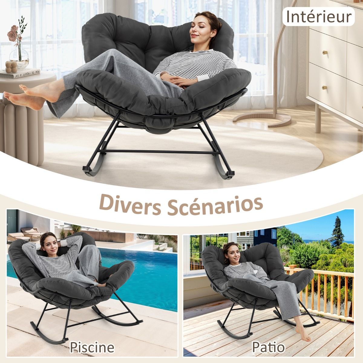 Chaise à Bascule d'Intérieur et d'Extérieur Chaise Papasan Surdimensionnée avec Coussin Rembourré & Cadre en Métal Capacité 205 Kg Gris