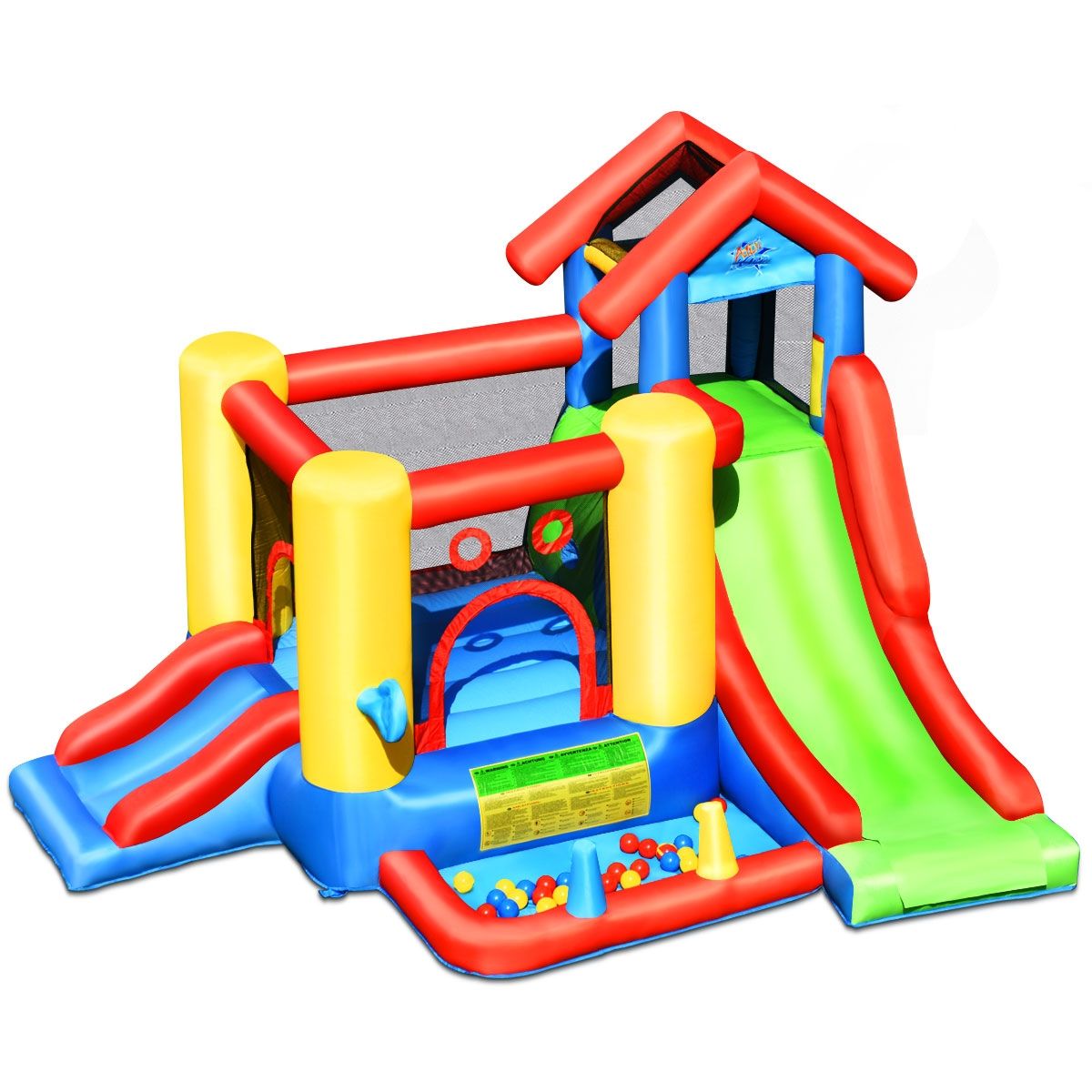 Chateau Gonflable 7 en 1 pour Enfant 3-10 Ans Toboggans Capacité 135kg en Tissu Oxford 356x289x233cm Multicolore