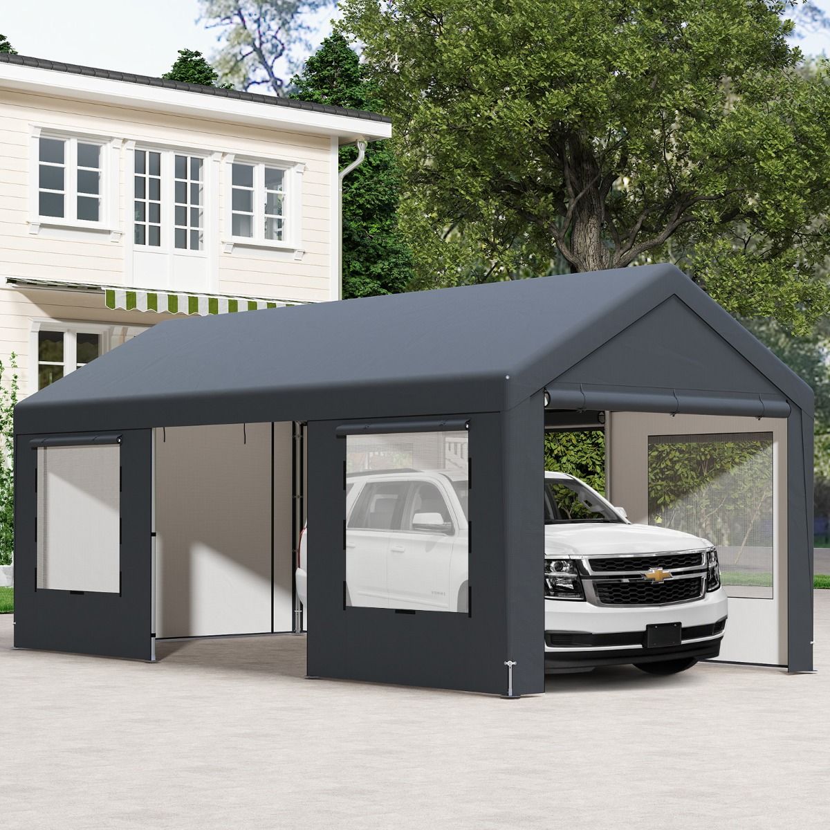 Abri de Voiture 595 x 300 cm Extérieur Tente de Garage avec 8 Parois Latérales Amovibles Portes Enroulables Fenêtres Ventilées Gris