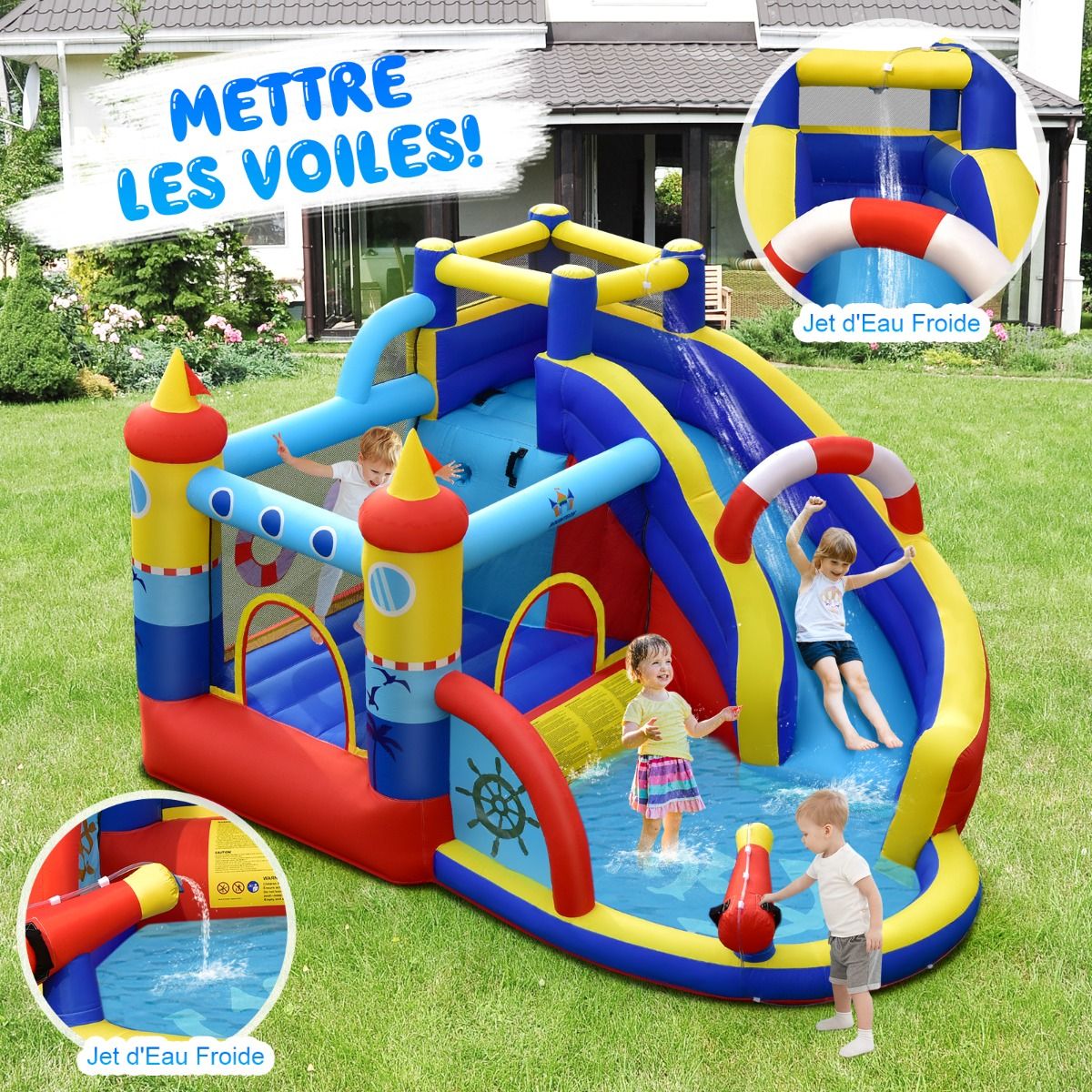 Chateau Gonflable Style Bateau avec Toboggan Incurvé Zone de Saut Mur d'Escalade avec Gonfleur 450 W