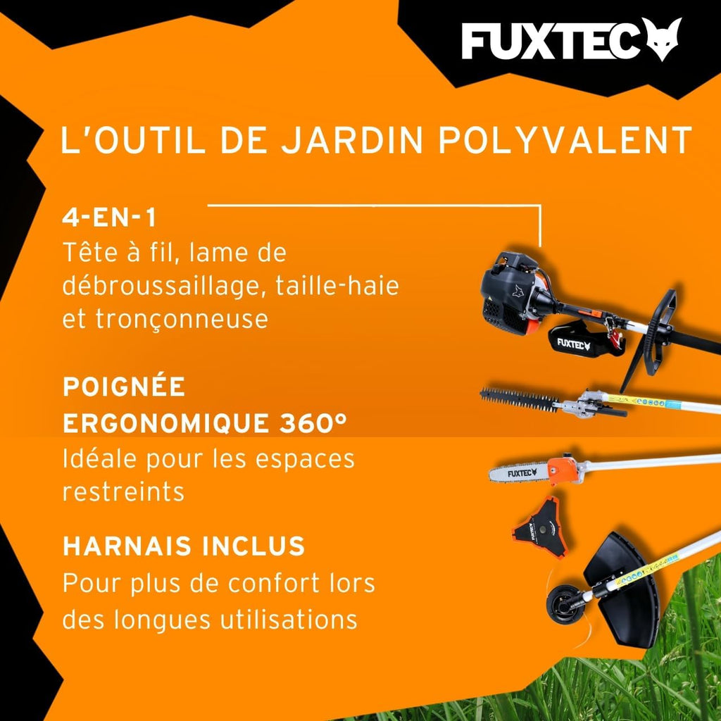 Fuxtec Débroussailleuse Thermique Multifonction 5 en 1 Multitool FX-MT152E - Easy Starter 3CV 52 cm3, Moteur 2 Temps, élagueuse Taille Haie Coupe Bordure Avec Fil ou Lame 1 Mètre Rallonge