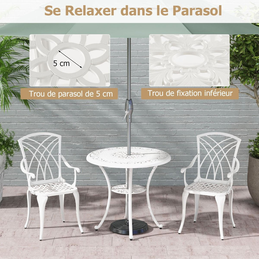 5 Pcs Salon de Jardin en Fonte d'Aluminium Trou pour Parasol Repose-pieds Réglables Ensemble de Table Ronde et 4 Chaises Blanc