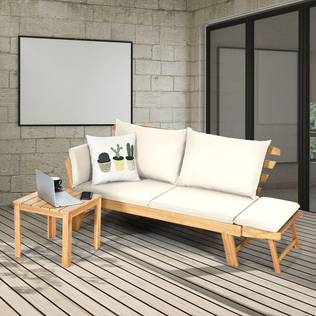 Chaise Longue Convertible avec Coussin Canapé de Jardin 2 en 1 en Bois d’Acacia avec Accoudoir Réglable pour Patio Piscine Jardin Blanc/Gris/Bleu/Rouge