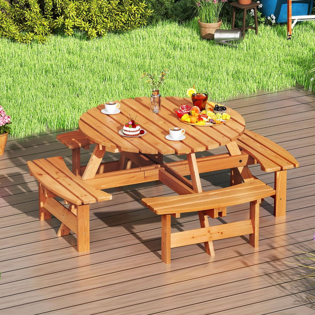 Ensemble Table de Pique-Nique en Bois pour 2 à 8 Personnes Set Table et Banc Circulaire avec 4 Bancs Intégrés Trou de Parasol de 5cm Marron/Jaune