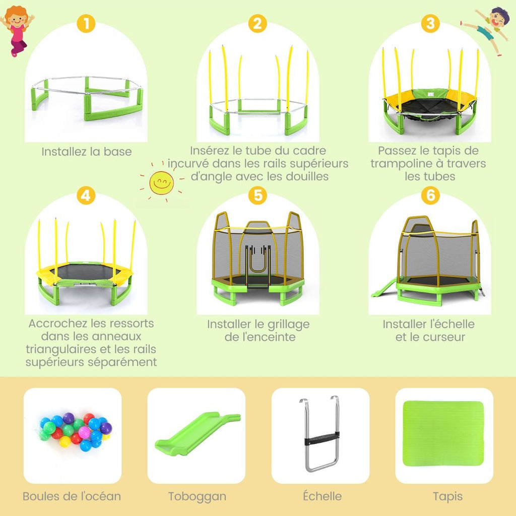 Trampoline Extérieur ? 223cm avec Toboggan&Echelle avec Filet de Sécurité 2 Portes en U Charge 270kg pour 2-3 Enfants de 3 Ans+ Bleu/Vert