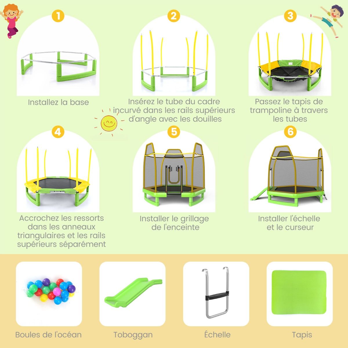 Trampoline Extérieur ? 223cm avec Toboggan&Echelle avec Filet de Sécurité 2 Portes en U Charge 270kg pour 2-3 Enfants de 3 Ans+ Bleu/Vert