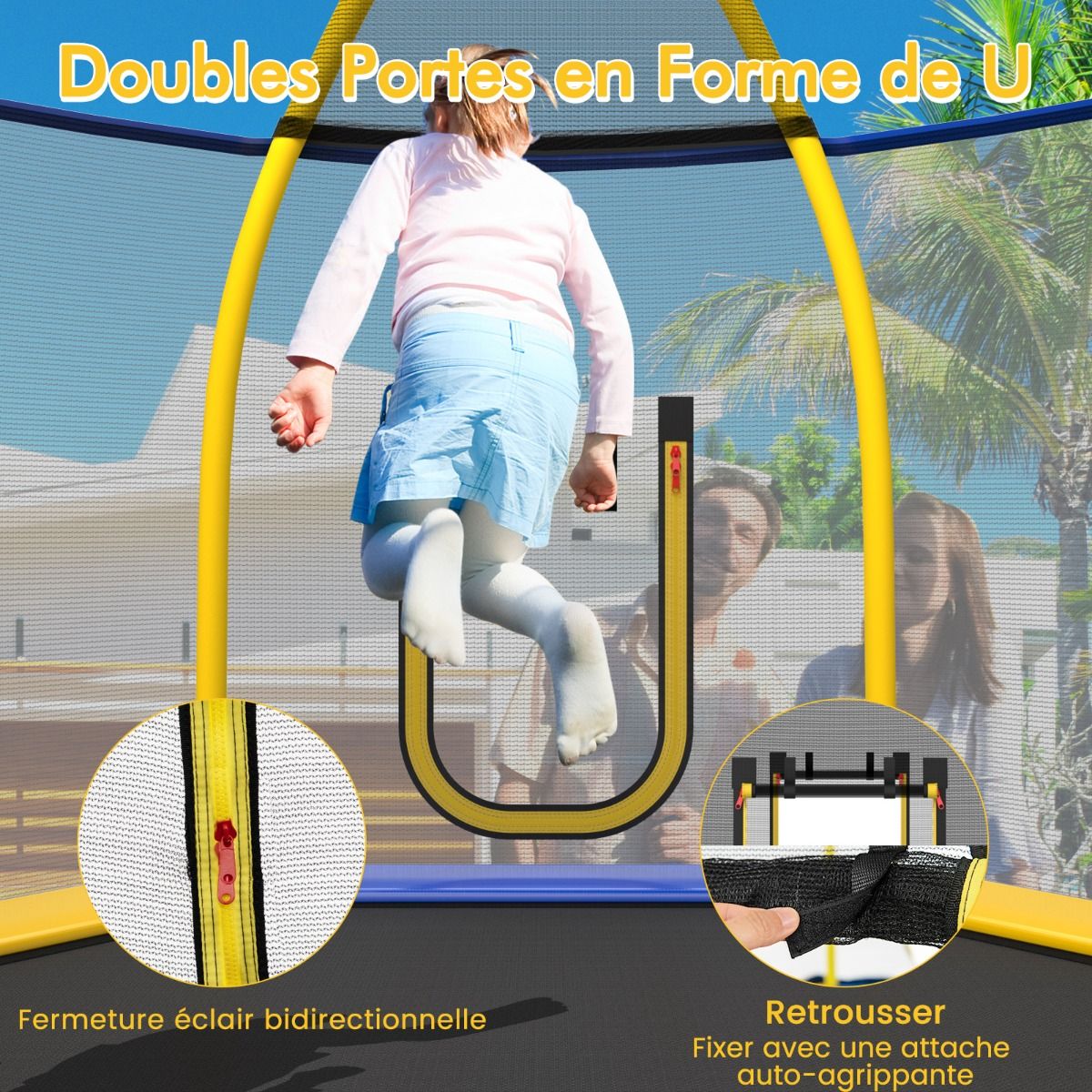 Trampoline Extérieur ? 223cm avec Toboggan&Echelle avec Filet de Sécurité 2 Portes en U Charge 270kg pour 2-3 Enfants de 3 Ans+ Bleu/Vert