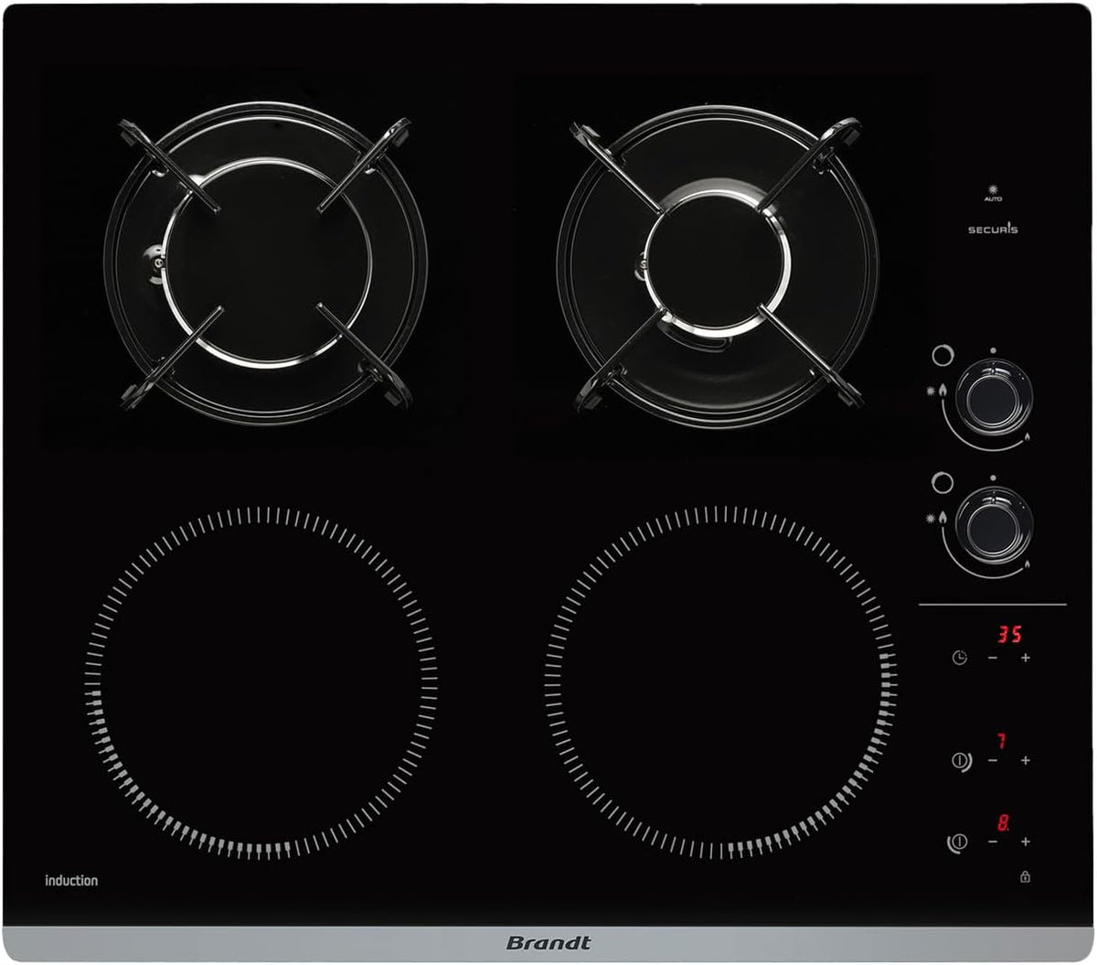 Brandt - BPI6413BM - Plaque Induction et Gaz - Table de Cuisson - Noir - 4 Foyers - 3400W Electrique et 4600 Gaz - Dimensions Encastrement : 56x49cm - 9 Positions par Foyer - Fabriqué en France