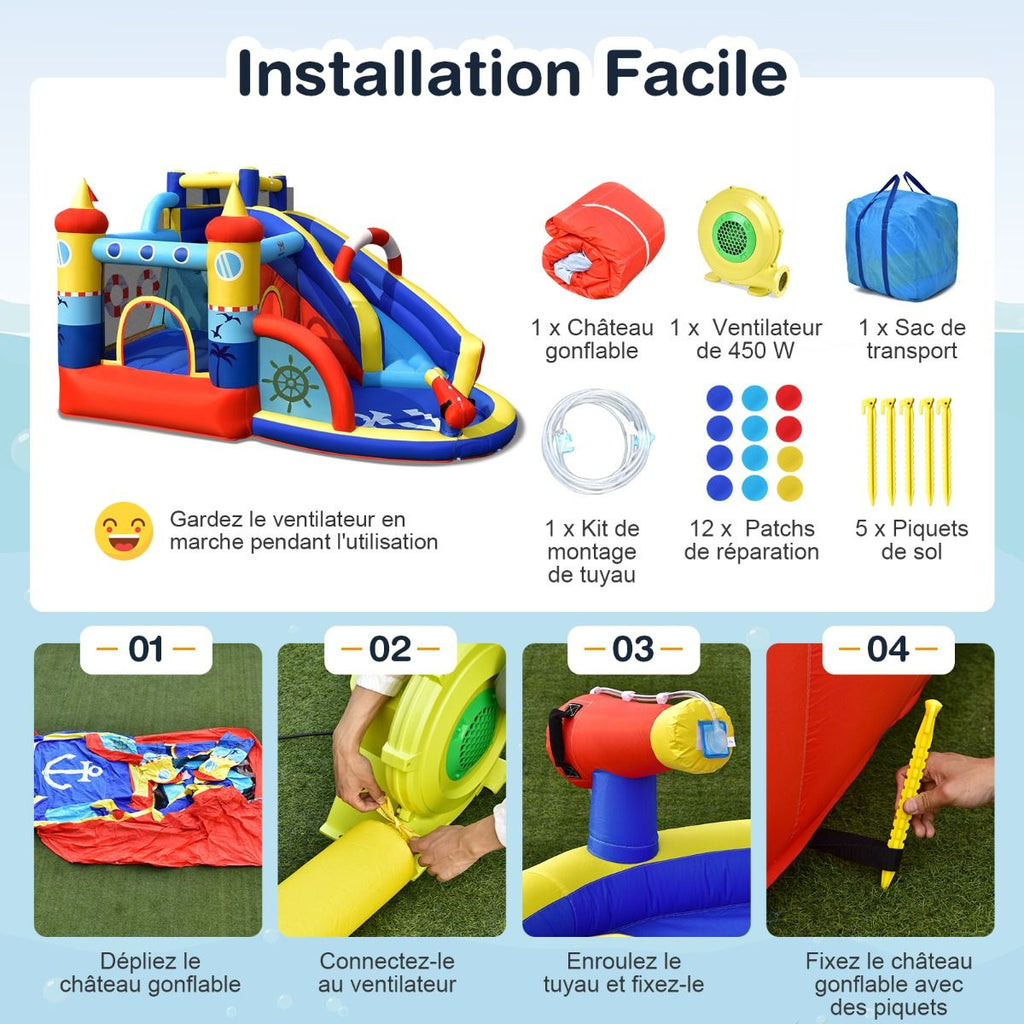 Chateau Gonflable Style Bateau avec Toboggan Incurvé Zone de Saut Mur d'Escalade avec Gonfleur 450 W