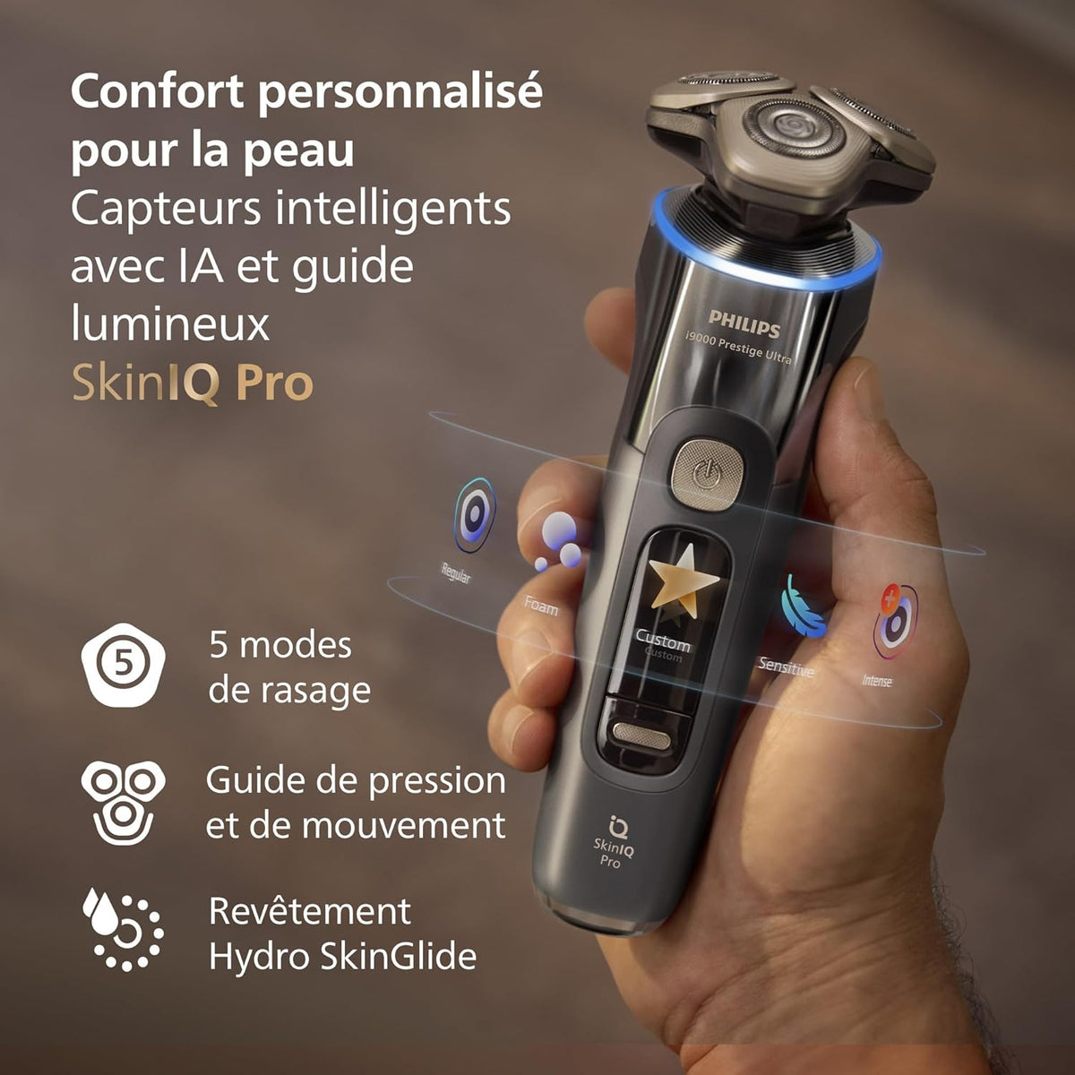 Philips Rasoir i9000 Prestige Ultra, Rasoir électrique 100% étanche, Technologie Skin IQ Pro, Système Triple Lift & Cut, Lames de précision NanoTech rotatives 360°, 5 modes de rasage, XP9401/38