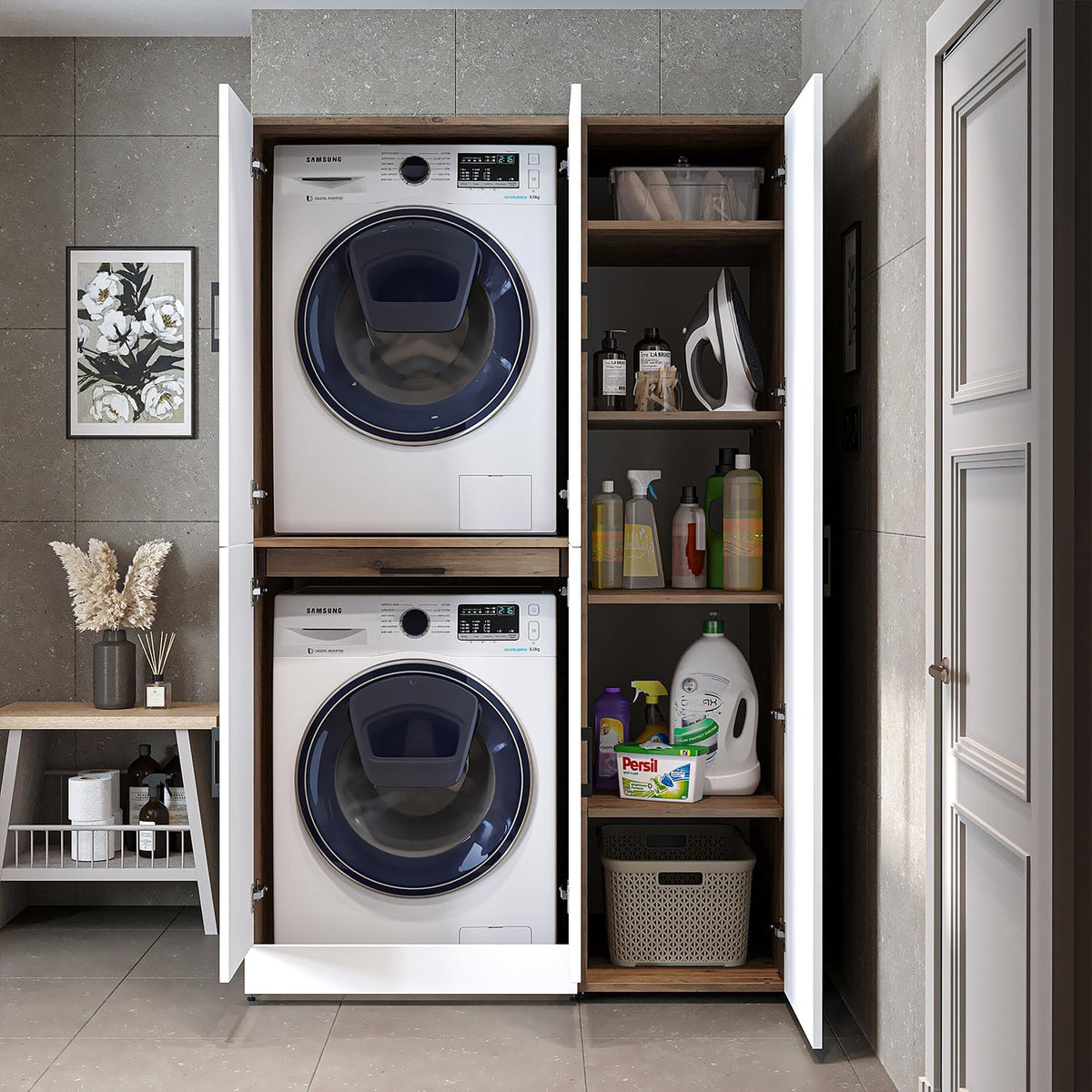 ROOMART Dora - Armoire de machine à laver - Pour sèche-linge et machine à laver - En 4 couleurs - Avec portes et panneau coulissant - Blanc - Chêne blanc - Chêne anthracite - Chêne blanc (chêne blanc)