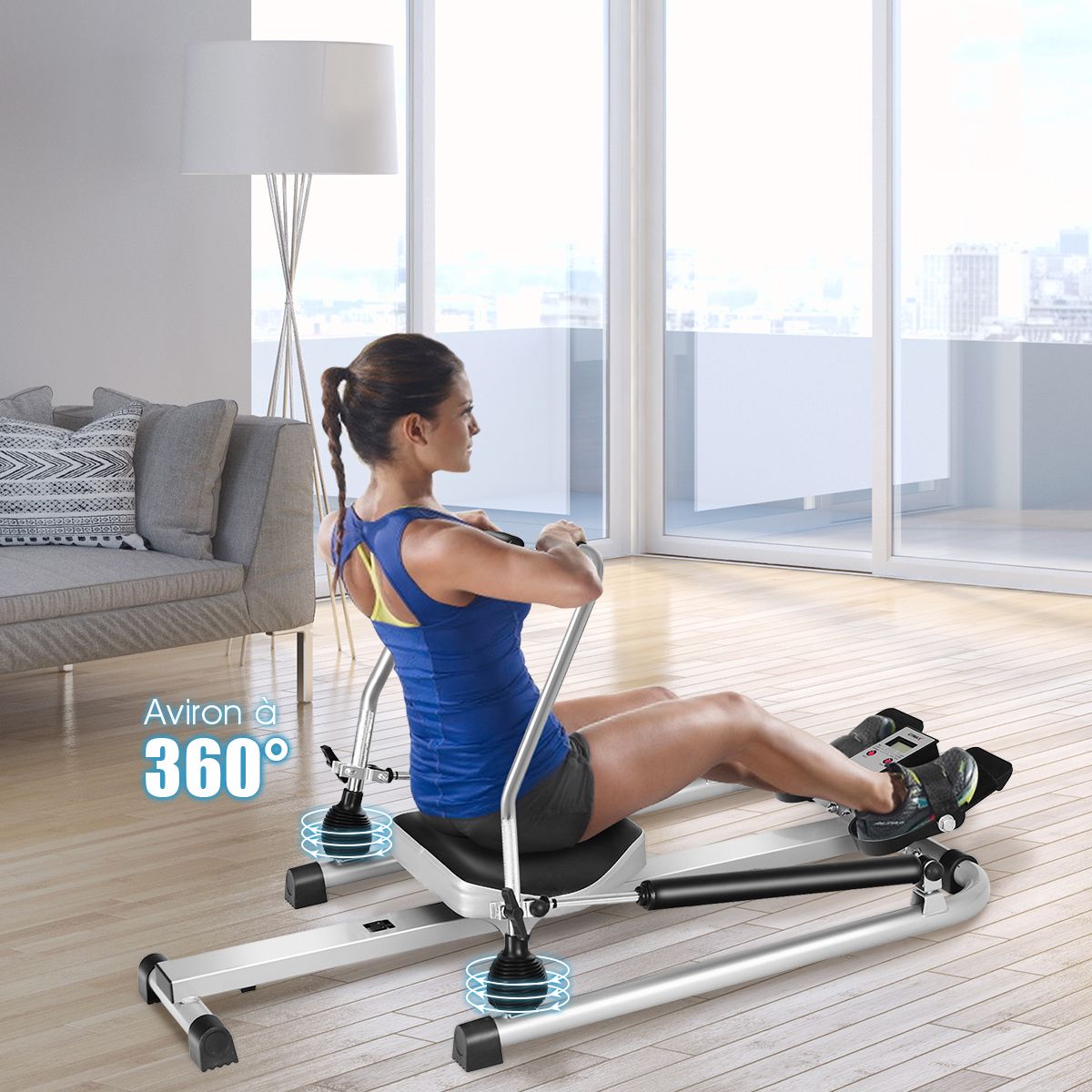 Rameur de Fitness Résistance Hydraulique Réglable 50kg Affichage LCD Pédale Antidérapante Charge de 100 kg Argenté