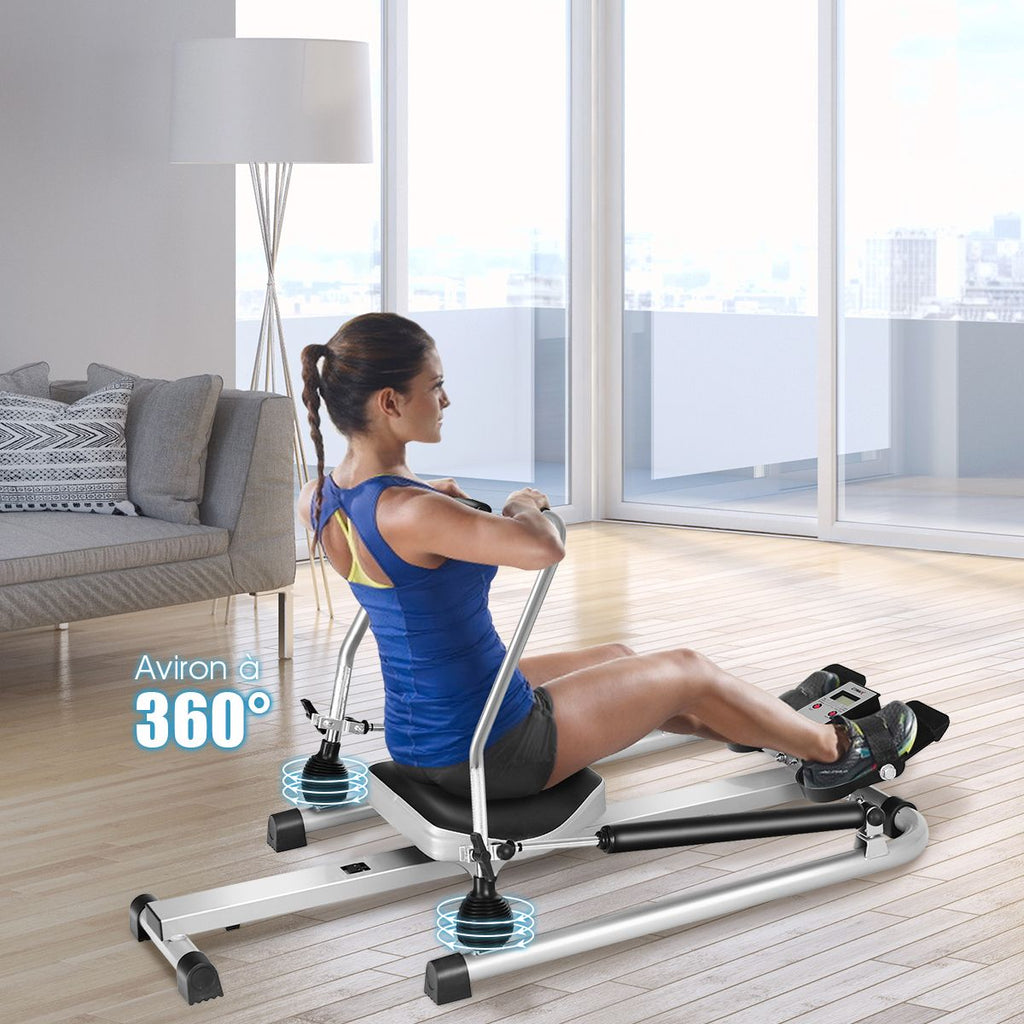 Rameur de Fitness Résistance Hydraulique Réglable 50kg Affichage LCD Pédale Antidérapante Charge de 100 kg Argenté