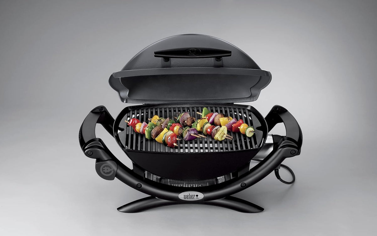 Weber Q1400 Barbecue électrique, surface de cuisson 43 x 32 cm, nomade, grille en fonte émaillée divisée en 2 parties, couvercle et cuve en fonte d'aluminium - Gris foncé (52020053)
