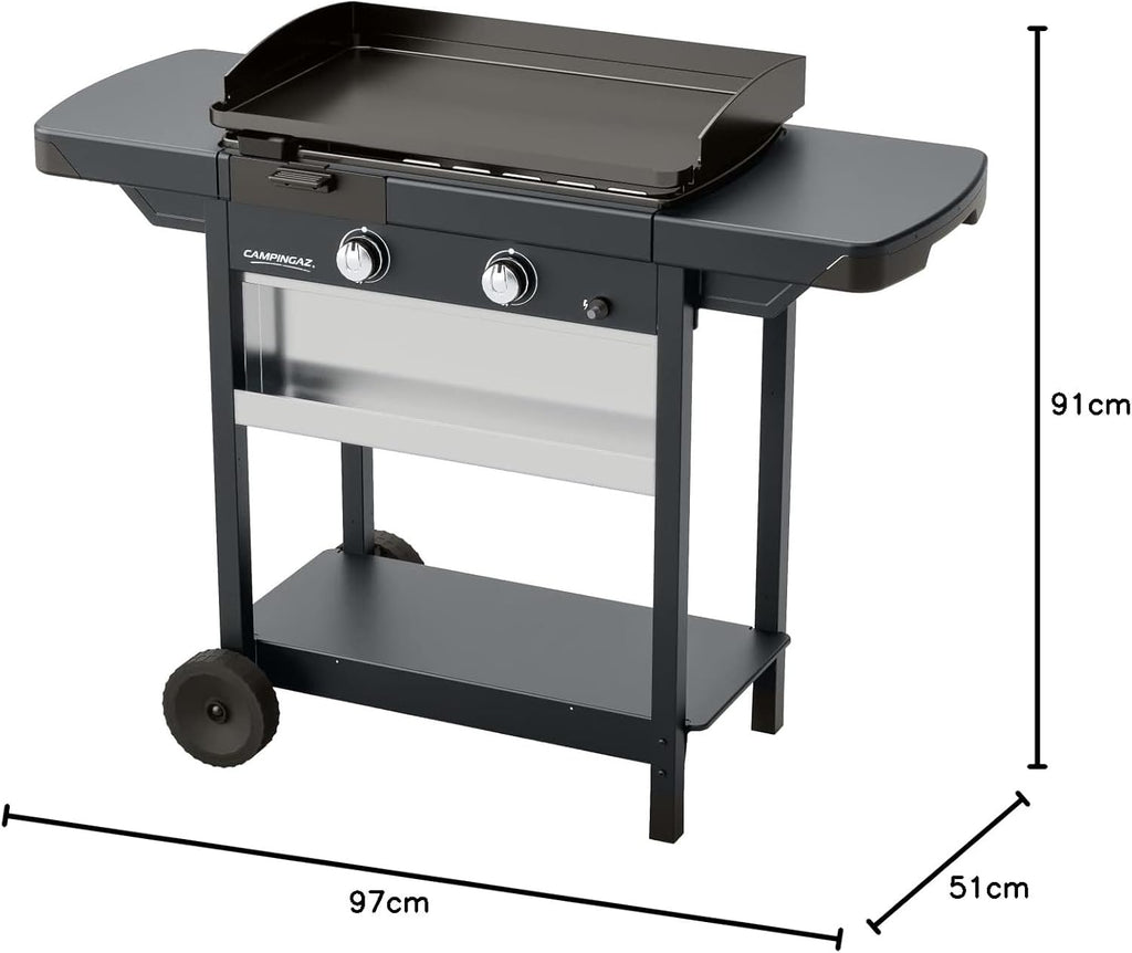 Campingaz Plancha EXB Plus, plancha au gaz sur chariot, grill gastronomique avec plaque en acier émaillé et 2 br?leurs, puissance 7500 W, pour des grillades méditerranéennes, Noir