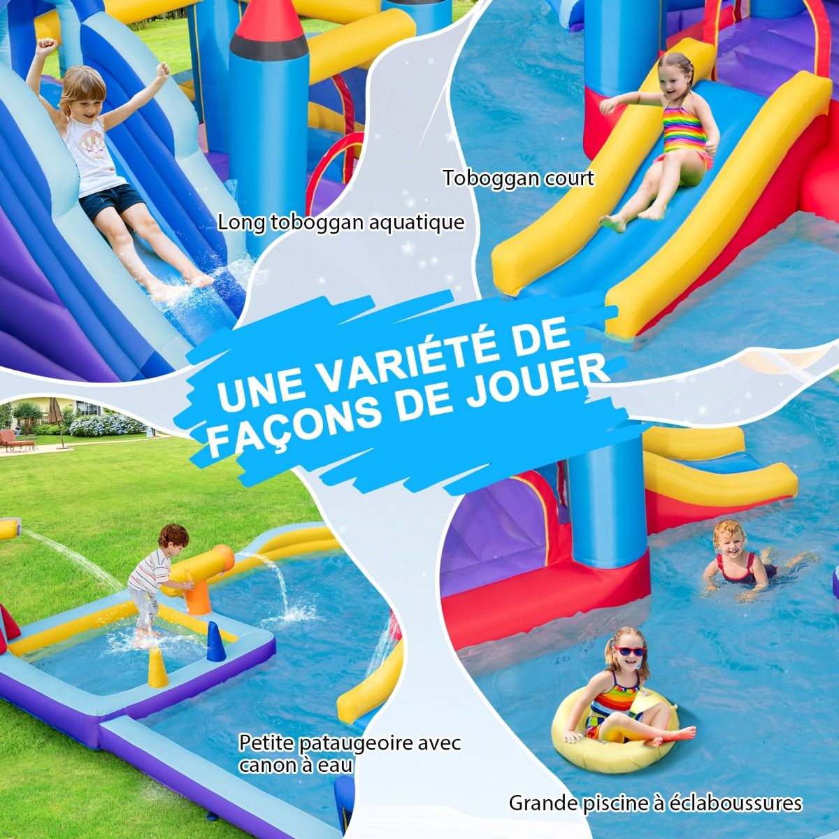 Chateau Gonflable à Toboggans Aquatiques Thème de La Fusée pour Enfants Piscine Zone de Saut Pistolet à Eau Escalade Souffleur de 850 W Multicolore